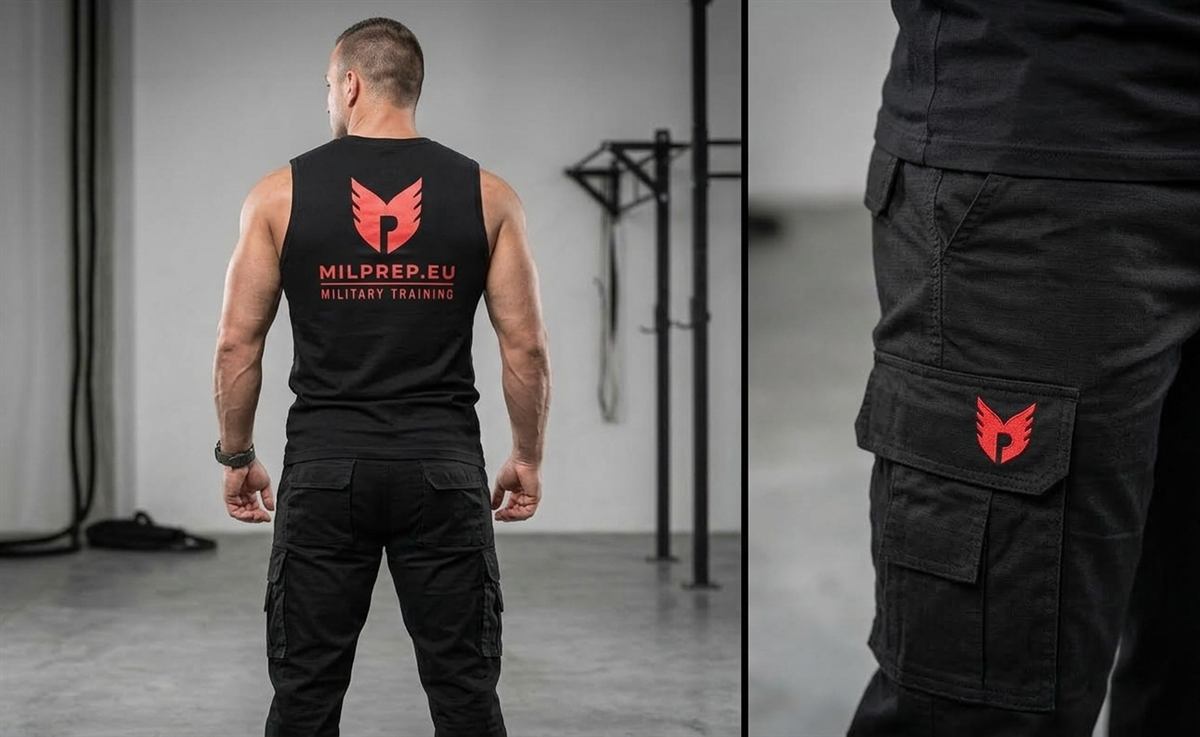 MILPREP-uniform: trainingsshirt met logo op de rug en cargobroek met logopatch